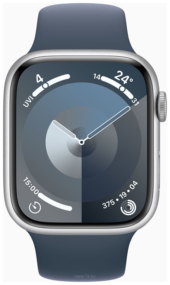 Фотографии Apple Watch Series 9 45 мм (алюминиевый корпус, серебристый/грозовой синий, спортивный силиконовый ремешок M/L)