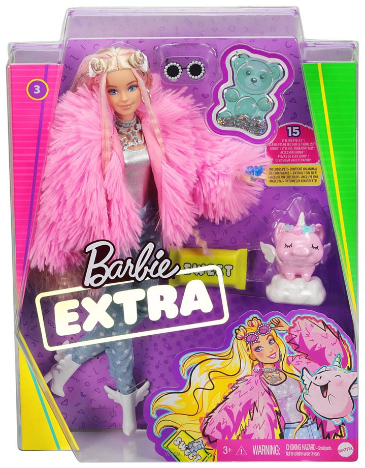 Фотографии Barbie Extra Doll 3 in Pink Coat with Pet Unicorn-Pig GRN28