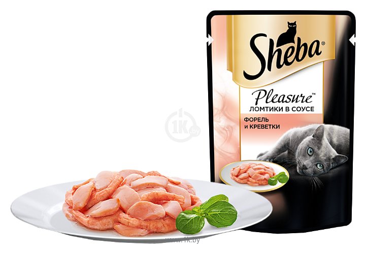 Фотографии Sheba Pleasure ломтики в соусе с форелью и креветками (0.085 кг) 24 шт.