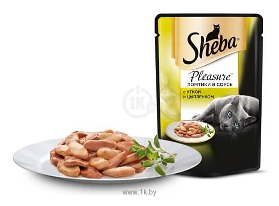 Фотографии Sheba (0.085 кг) 1 шт. Pleasure ломтики в соусе с уткой и цыпленком