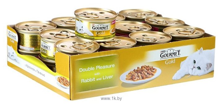 Фотографии Gourmet (0.085 кг) 24 шт. Gold Кусочки в подливке "Двойное удовольствие" с кроликом и печенью