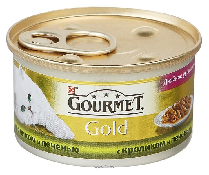 Фотографии Gourmet (0.085 кг) 1 шт. Gold Кусочки в подливке "Двойное удовольствие" с кроликом и печенью