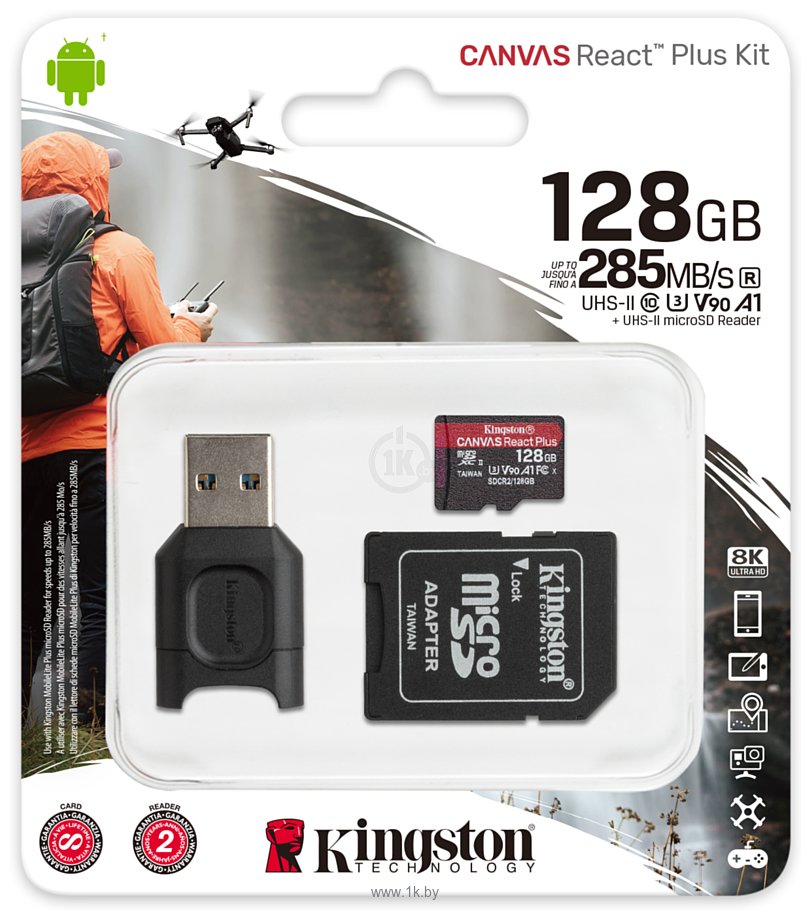 Фотографии Kingston Canvas React Plus microSDXC 128GB (с адаптером и кардридером)