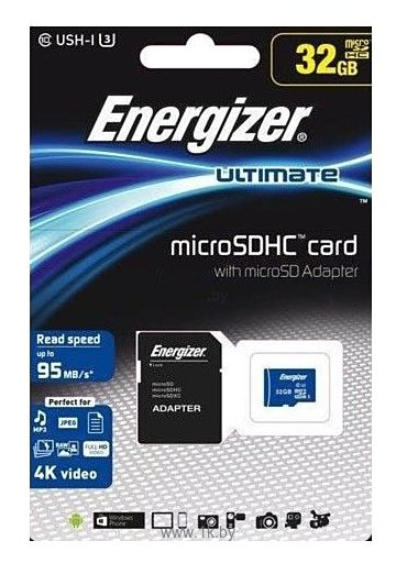 Фотографии Energizer microSDHC Class 10 UHS-I U3 95MB/s 32GB + SD adapter