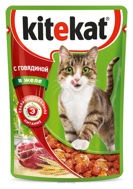 Фотографии Kitekat (0.085 кг) 28 шт. Сочные кусочки. С говядиной в желе