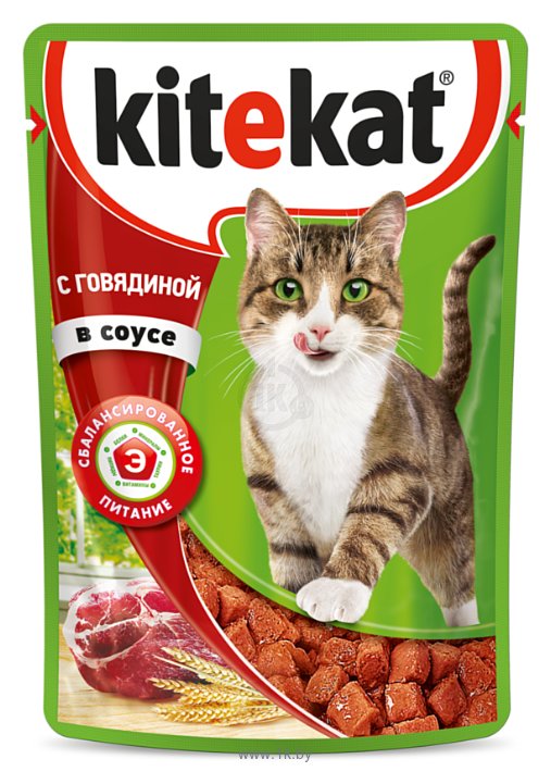 Фотографии Kitekat (0.085 кг) 28 шт. Сочные кусочки. С говядиной в соусе