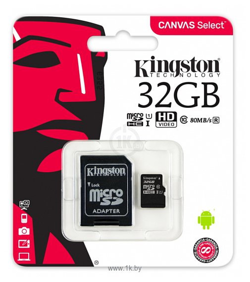 Фотографии Kingston Canvas Select microSDHC Class 10 UHS-I U1 32GB + SD adapter (SDCS/32GB)