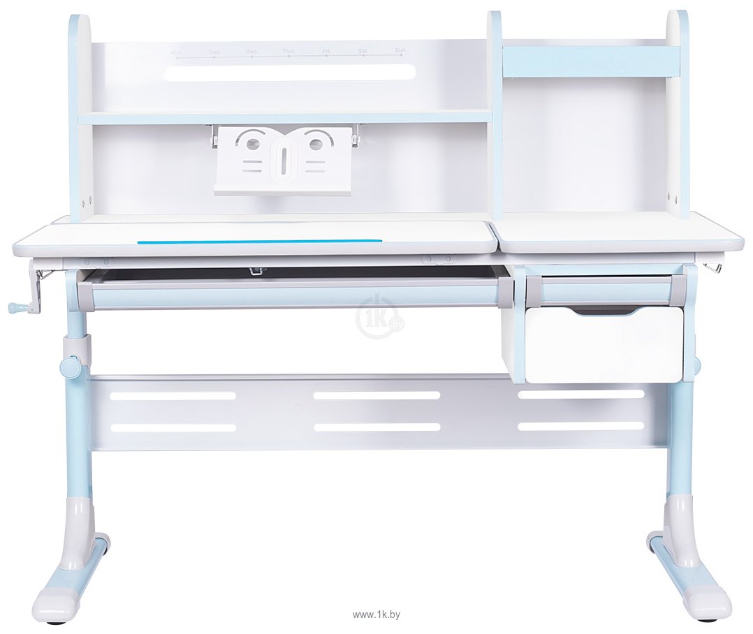Фотографии Anatomica Genius + надстройка + выдвижной ящик + подставка для книг с креслом Бюрократ KD-2 цвета голубой (белый/голубой)