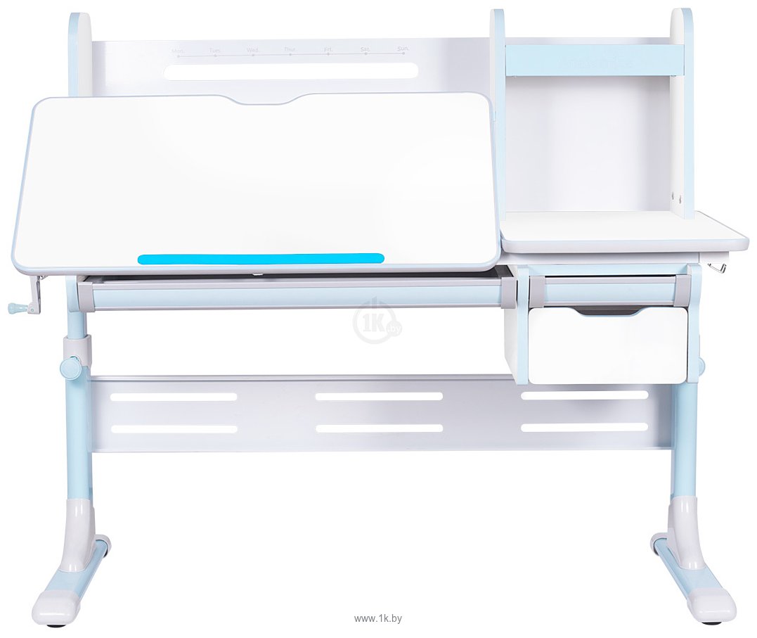 Фотографии Anatomica Genius + надстройка + выдвижной ящик + подставка для книг с креслом Бюрократ KD-2 цвета голубой (белый/голубой)