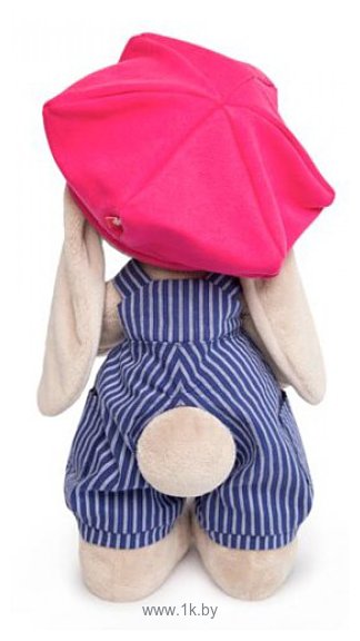Фотографии Зайка Ми в синем комбинезоне в полоску и с малиновой кепкой (25 см)