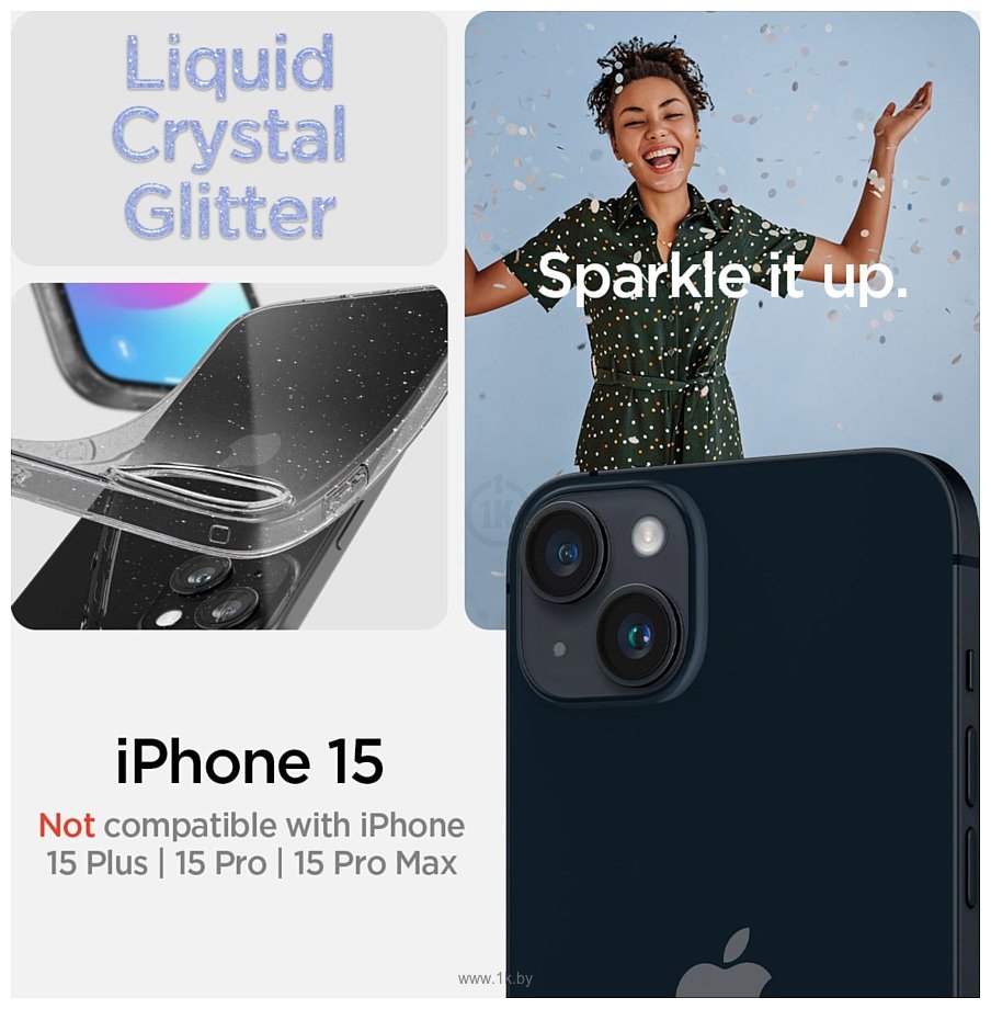 Фотографии Spigen Liquid Crystal Glitter для iPhone 15 ACS06788 (затемненный/прозрачный)