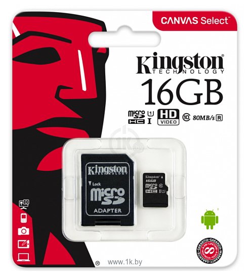 Фотографии Kingston Canvas Select microSDHC Class 10 UHS-I U1 16GB + SD adapter (SDCS/16GB)