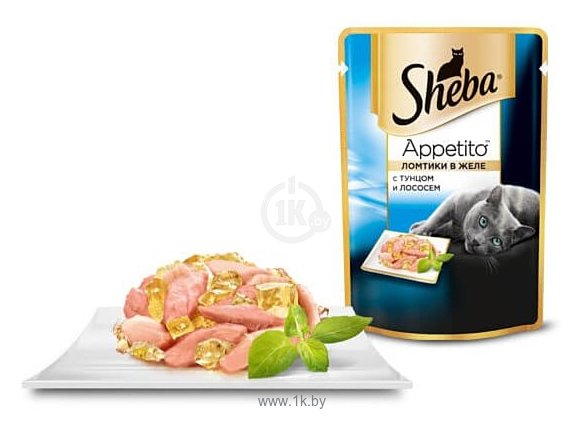 Фотографии Sheba Appetito ломтики в желе с тунцом и лососем (0.085 кг) 24 шт.