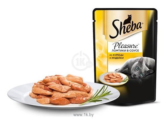 Фотографии Sheba (0.085 кг) 24 шт. Pleasure ломтики в соусе из курицы и индейки