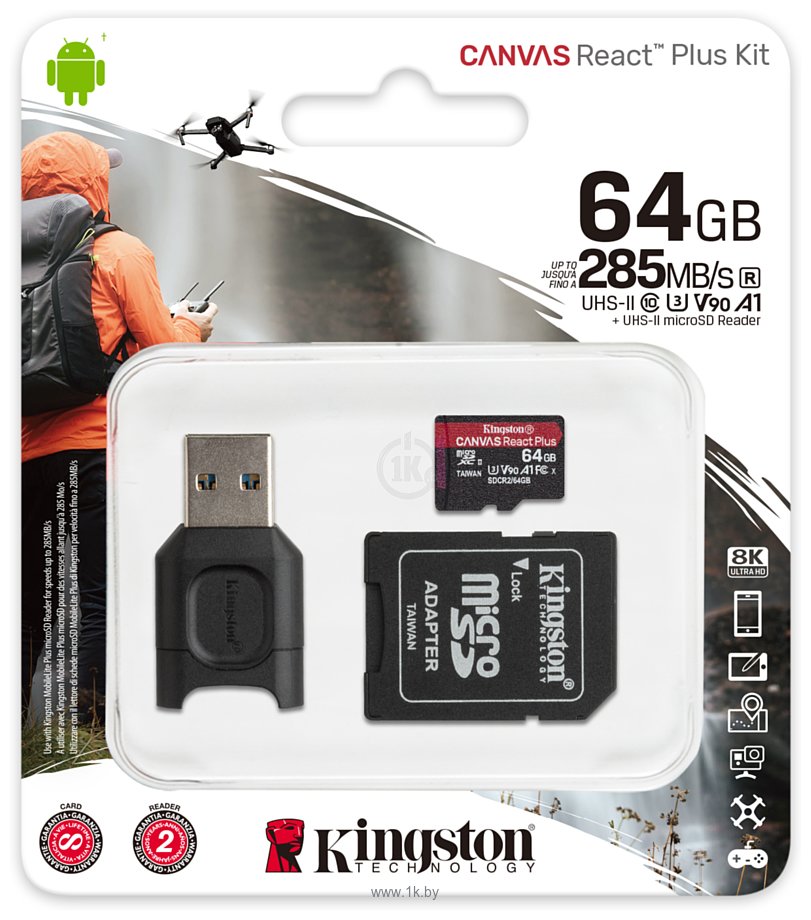 Фотографии Kingston Canvas React Plus microSDXC 64GB (с адаптером и кардридером)