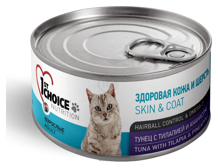 Фотографии 1st Choice (0.085 кг) 1 шт. HEALTHY SKIN and COAT Tuna with Tilapia and Pineapple for ADULT CATS canned
