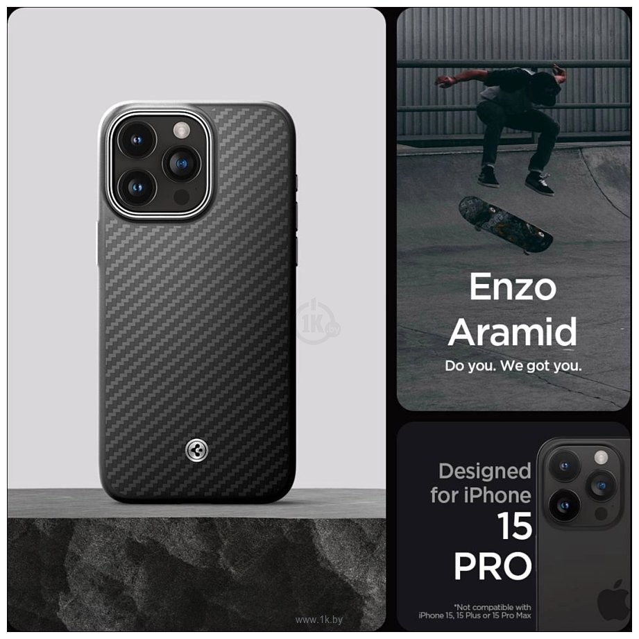 Фотографии Spigen Enzo Aramid для iPhone 15 Pro ACS07045 (черный)