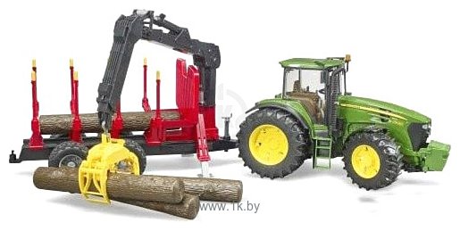 Фотографии Bruder John Deere 7930 with forestry trailer and 4 trunks 03054