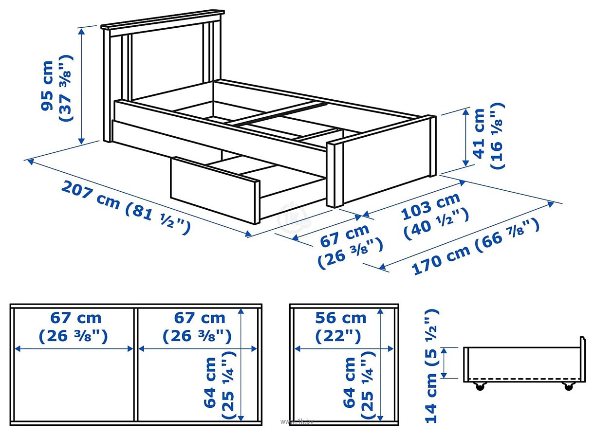 Фотографии Ikea Сонгесанд 200x90 (коричневый, 2 ящика, без основания) 692.409.84