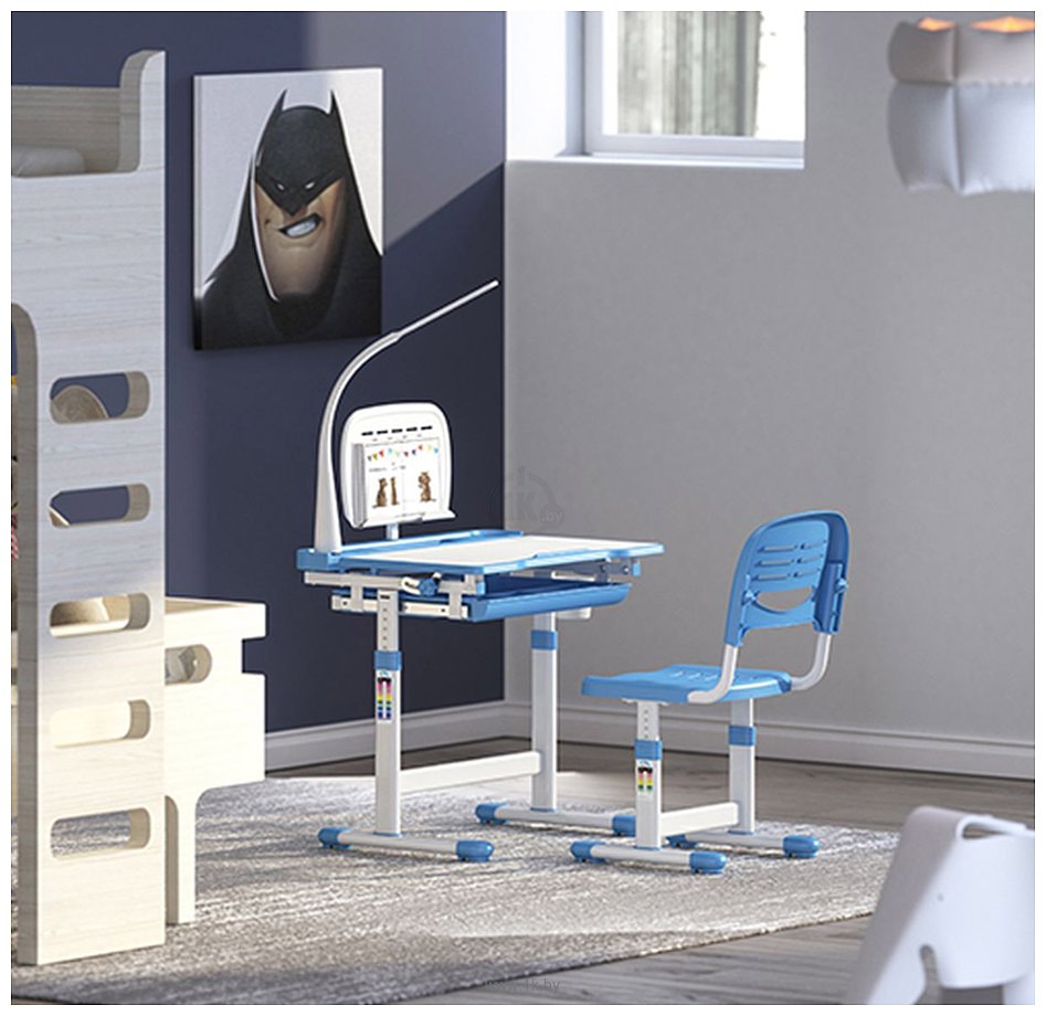 Фотографии Растущая мебель B204 + стул + выдвижной ящик + подставка для книг + светильник (голубой/белый)