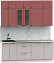 Готовая кухня Интермебель Лион-6 В-1 2.1м (красная глазурь софт/луна софт/мрамор лацио белый)