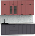 Готовая кухня Интермебель Лион-8 В-1 2.4м (красная глазурь софт/графит софт/мрамор лацио белый)